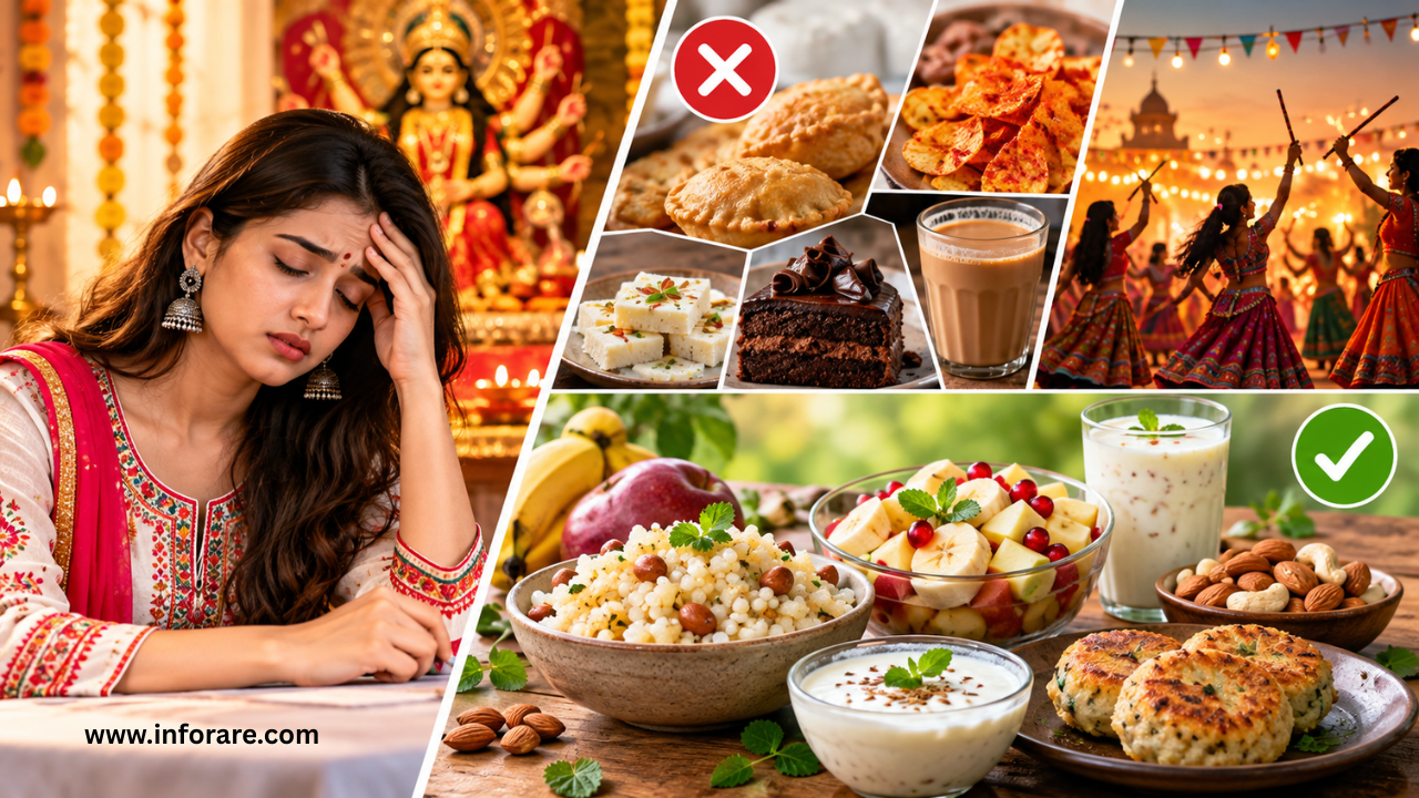 Woman feeling weak and tired during Navratri fasting, holding her head while sitting near healthy vrat foods like fruits, nuts, curd, and coconut water
